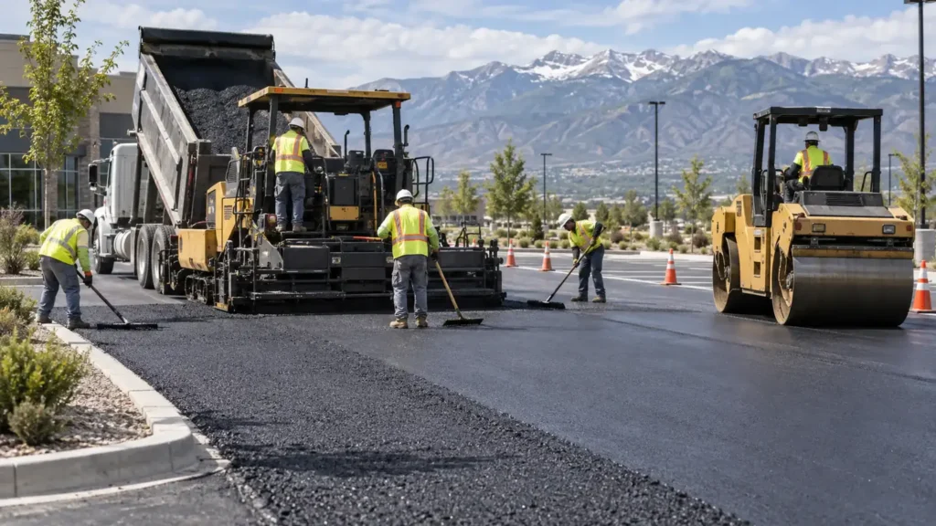 Asphalt Resurfacing & Overlay crew working in a controlled Elk Ridge, Utah pavement area