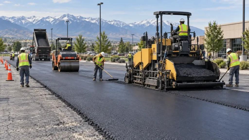 Asphalt Resurfacing & Overlay crew working in a controlled Genola, Utah pavement area