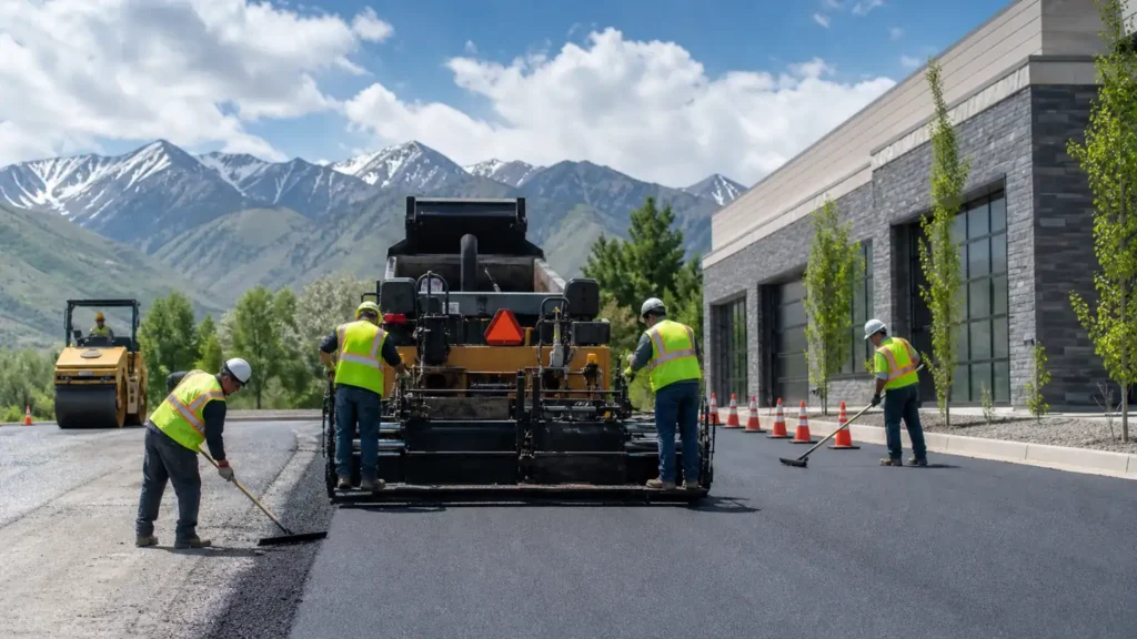 Driveway Paving crew working in a controlled Alpine, Utah pavement area