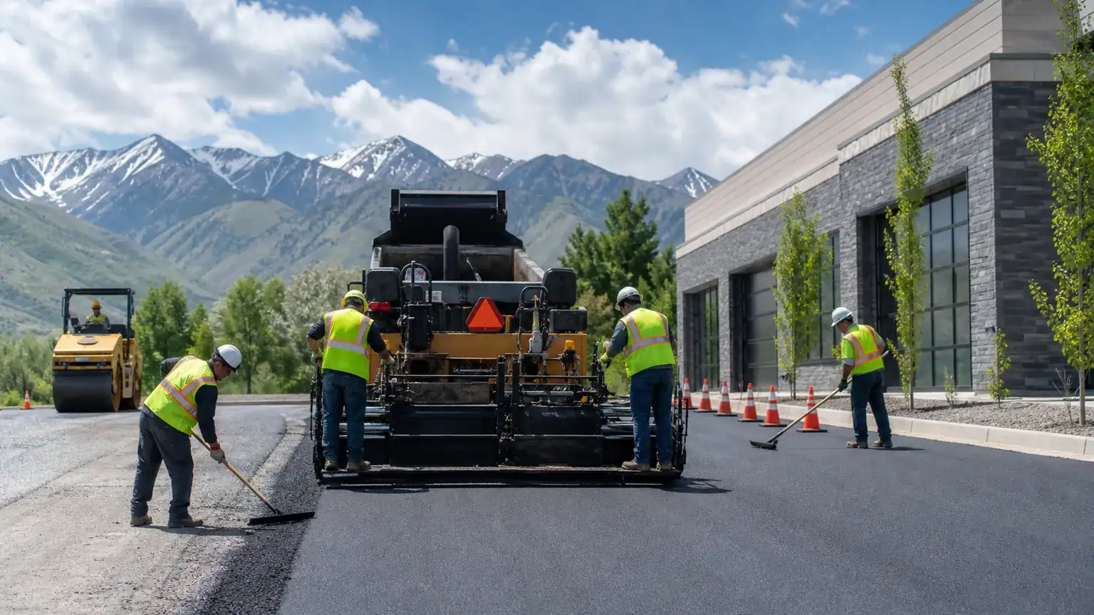 Driveway Paving crew working in a controlled Alpine, Utah pavement area