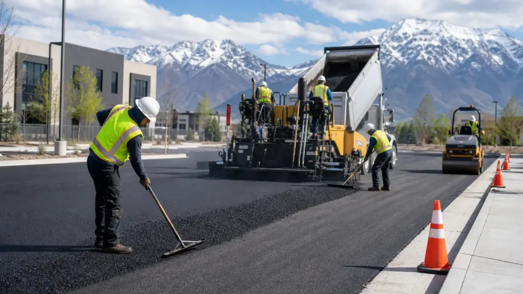 Driveway Paving crew working in a controlled American Fork, Utah pavement area