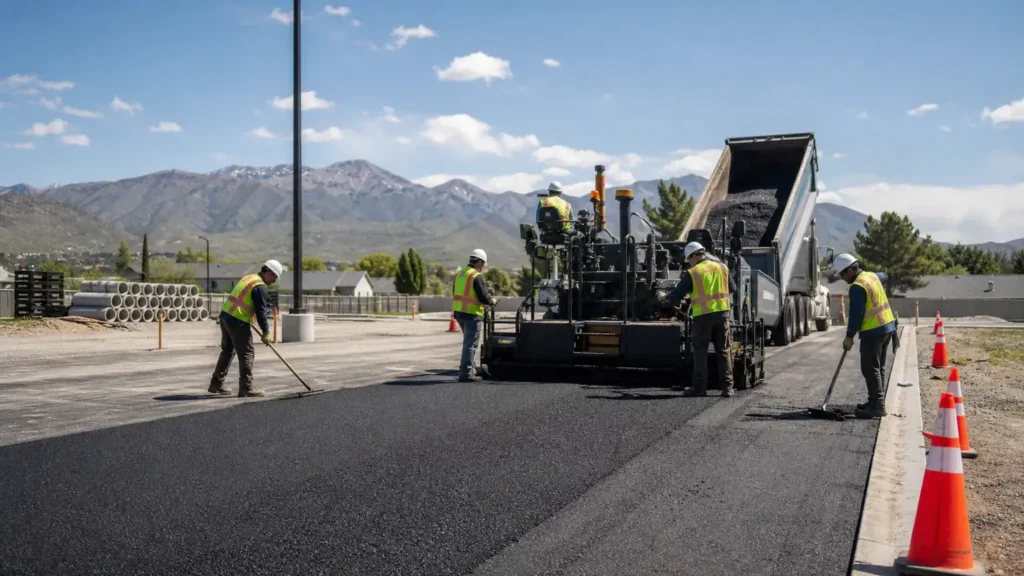 Driveway Paving crew working in a controlled Cedar Fort, Utah pavement area