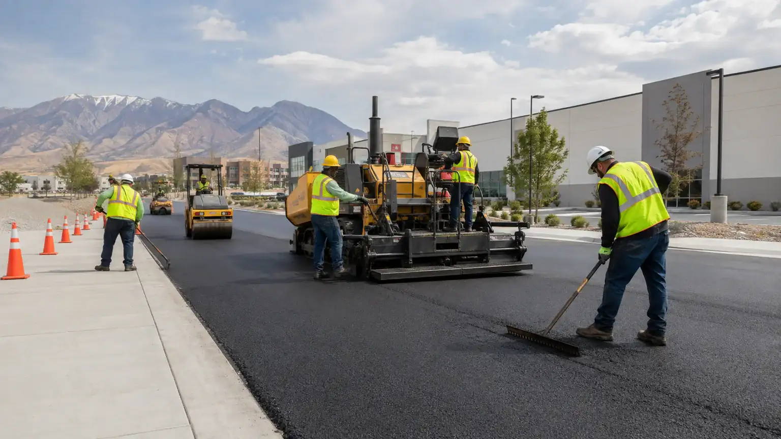 Driveway Paving crew working in a controlled Eagle Mountain, Utah pavement area