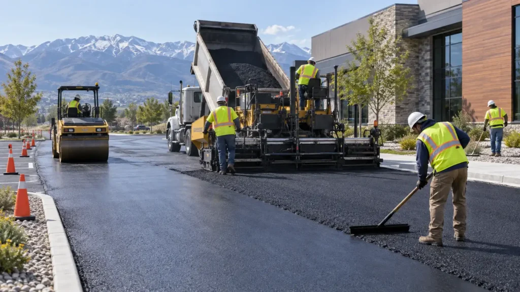 Driveway Paving crew working in a controlled Fairfield, Utah pavement area