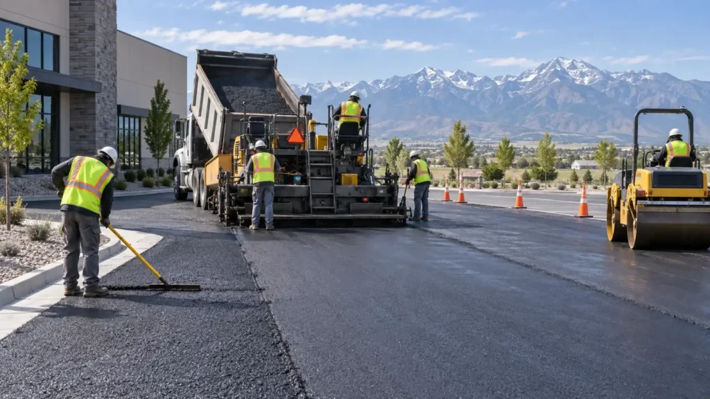 Driveway Paving crew working in a controlled Genola, Utah pavement area