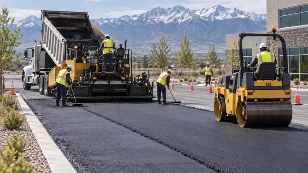 Driveway Paving crew working in a controlled Goshen, Utah pavement area