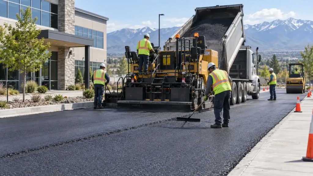 Driveway Paving crew working in a controlled Highland, Utah pavement area