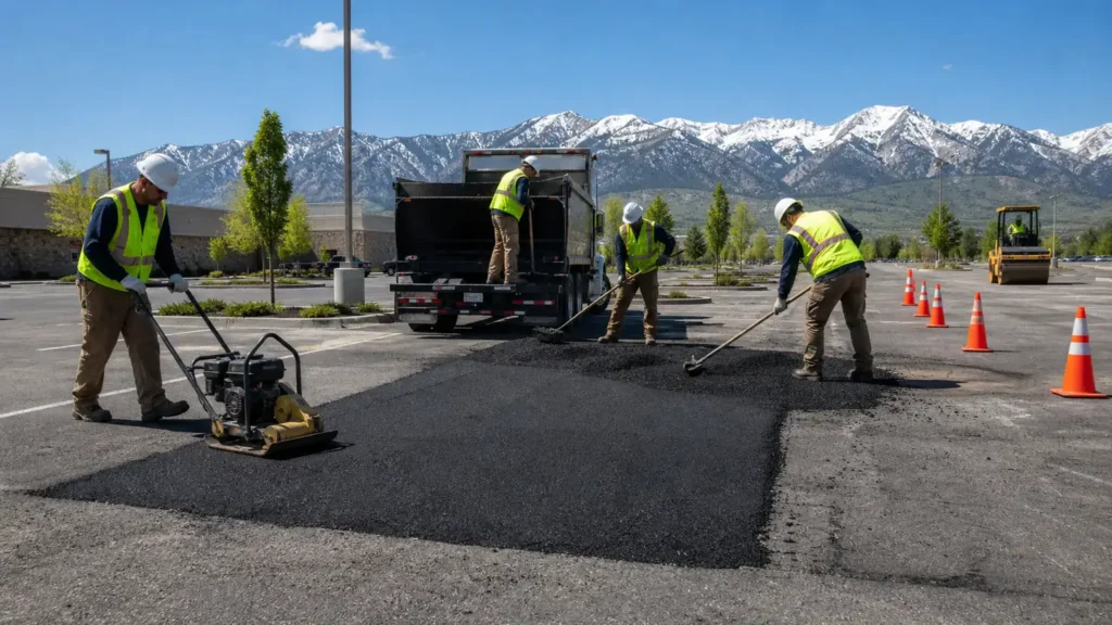 Parking Lot Repair crew working in a controlled Alpine, Utah pavement area