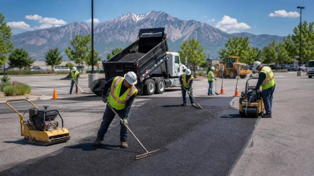 Parking Lot Repair crew working in a controlled Bluffdale, Utah pavement area