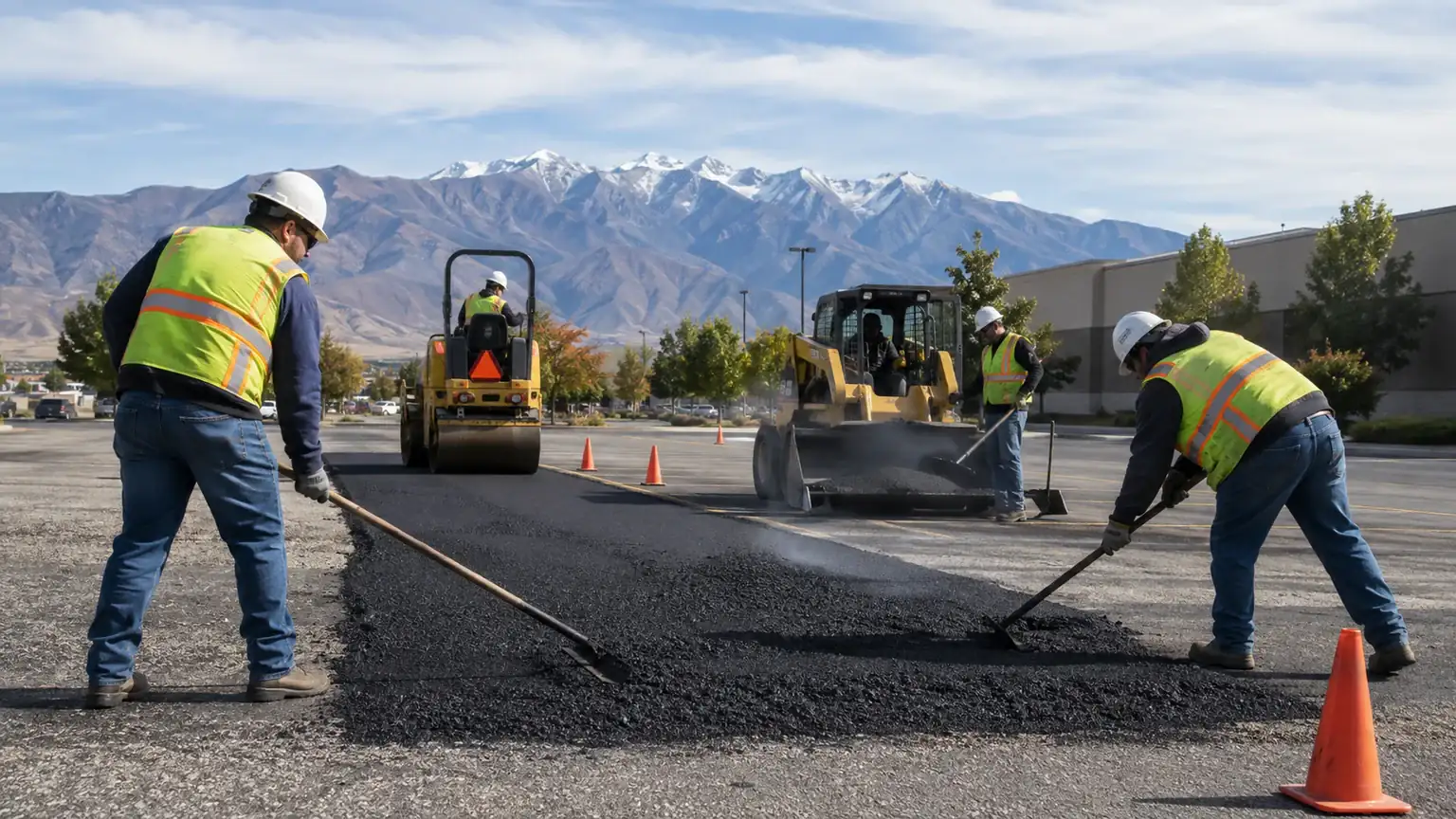Parking Lot Repair crew working in a controlled Eagle Mountain, Utah pavement area