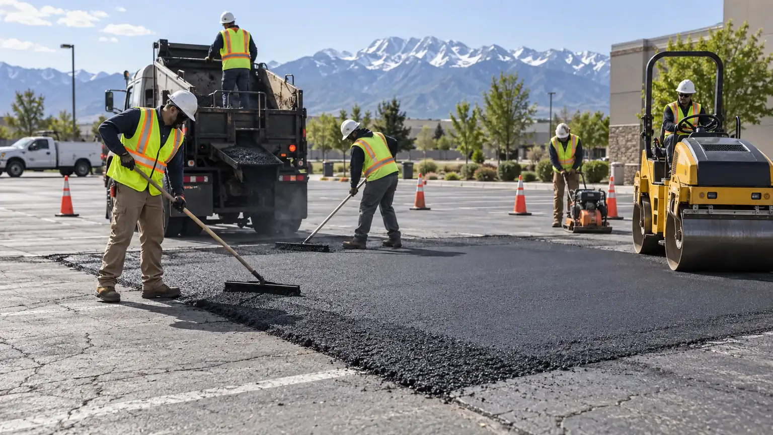 Parking Lot Repair crew working in a controlled Genola, Utah pavement area