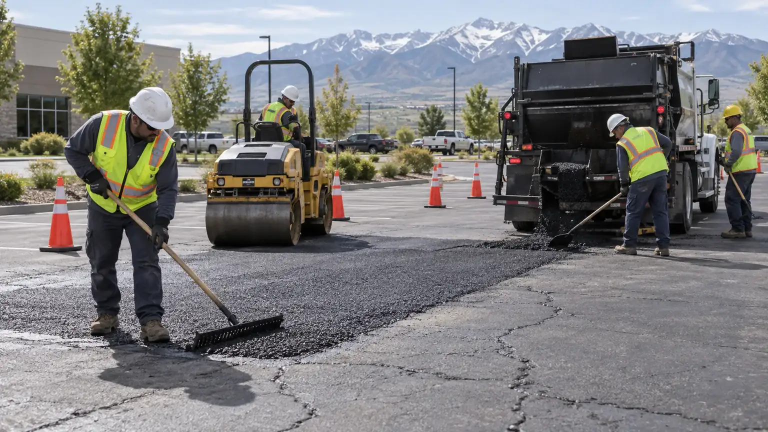 Parking Lot Repair crew working in a controlled Goshen, Utah pavement area