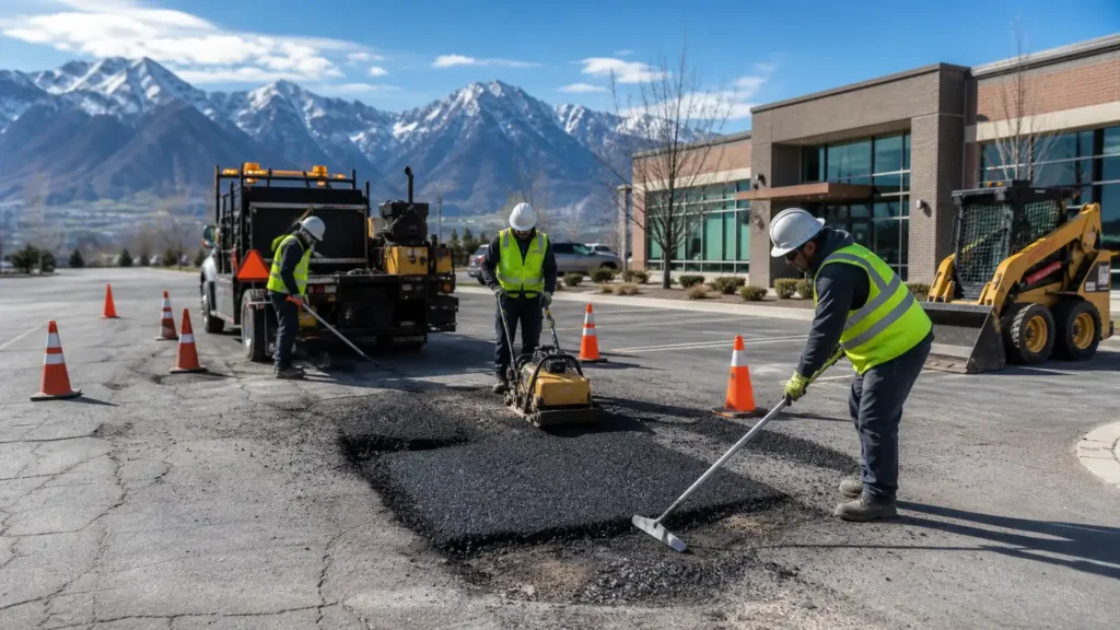 Pothole Repair crew working in a controlled Alpine, Utah pavement area