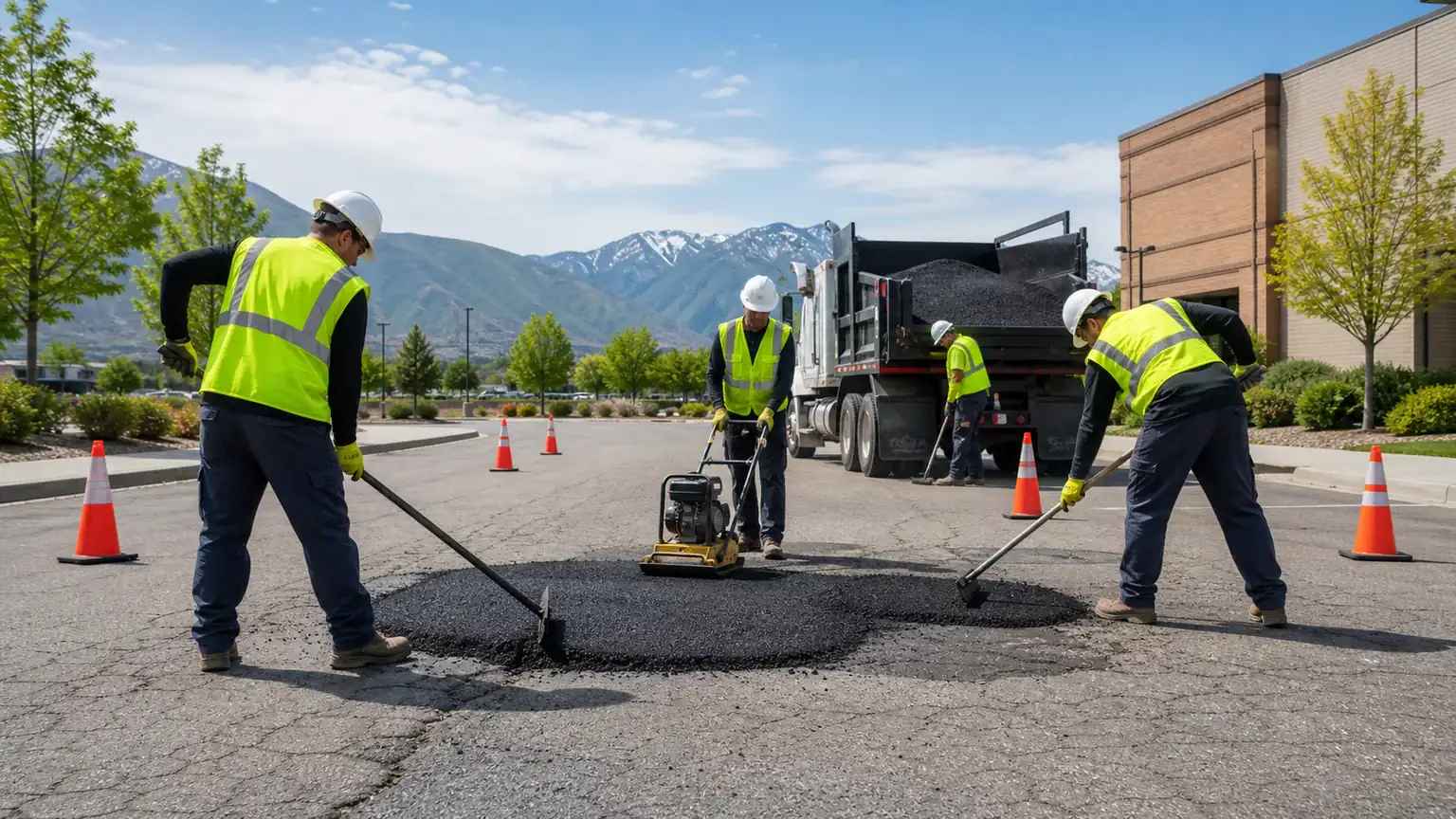 Pothole Repair crew working in a controlled American Fork, Utah pavement area