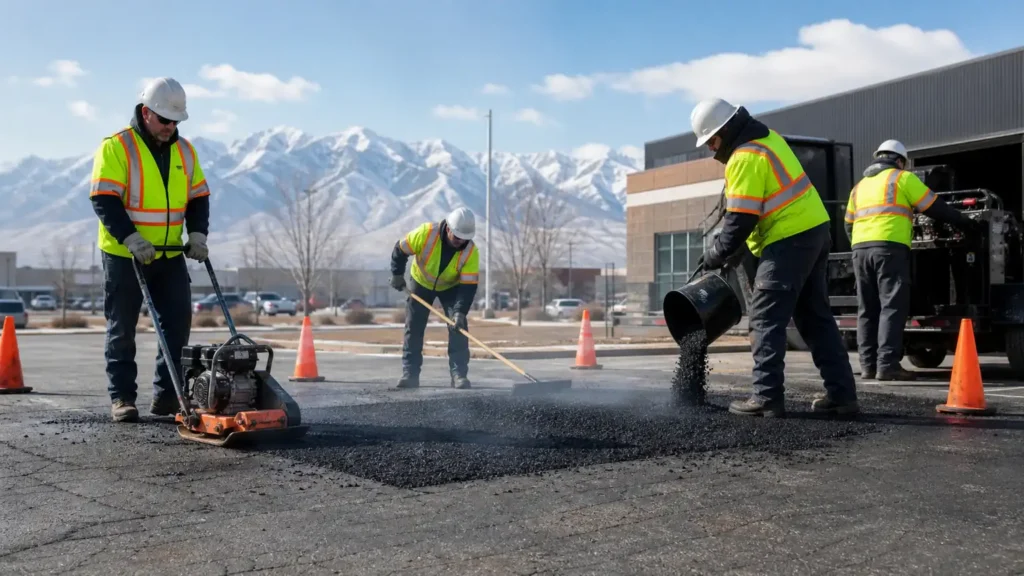 Pothole Repair crew working in a controlled Bluffdale, Utah pavement area