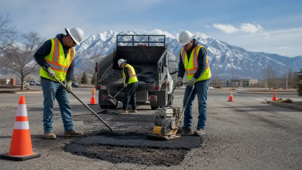 Pothole Repair crew working in a controlled Cedar Fort, Utah pavement area