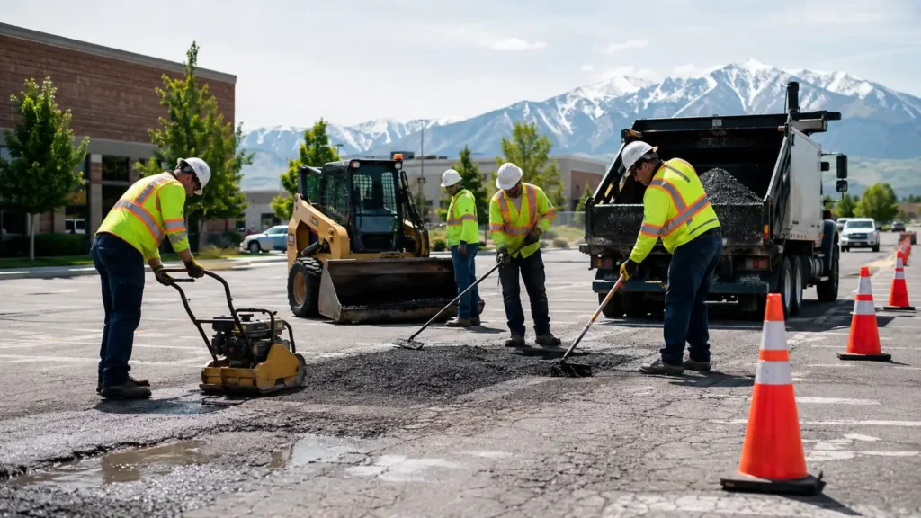 Pothole Repair crew working in a controlled Cedar Hills, Utah pavement area