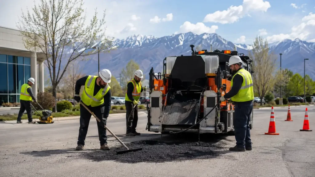 Pothole Repair crew working in a controlled Draper, Utah pavement area