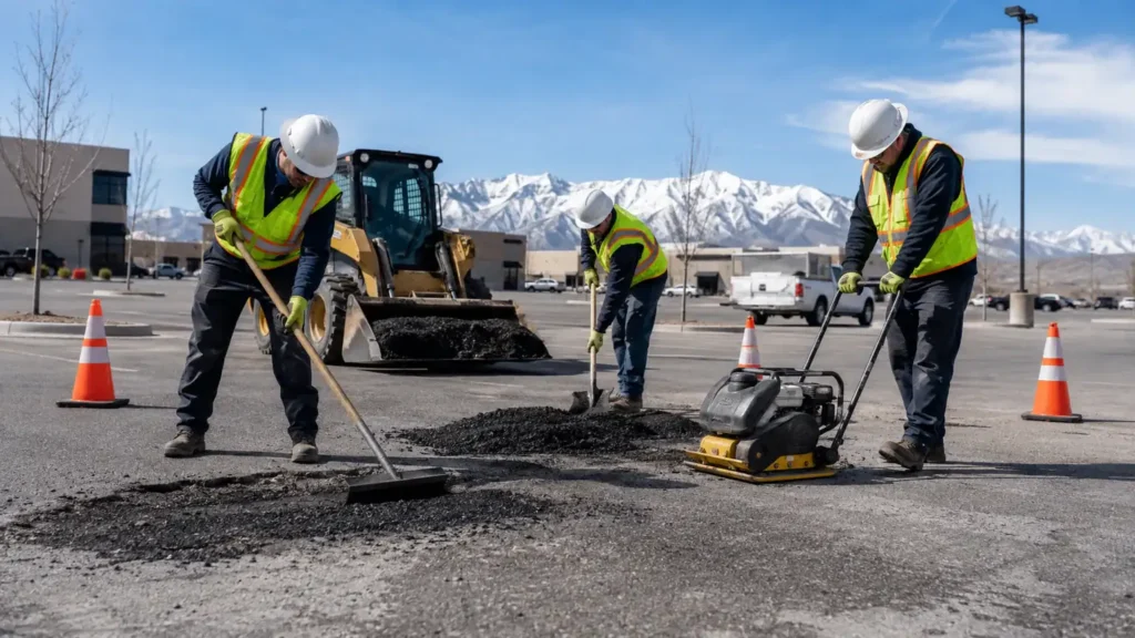 Pothole Repair crew working in a controlled Eagle Mountain, Utah pavement area