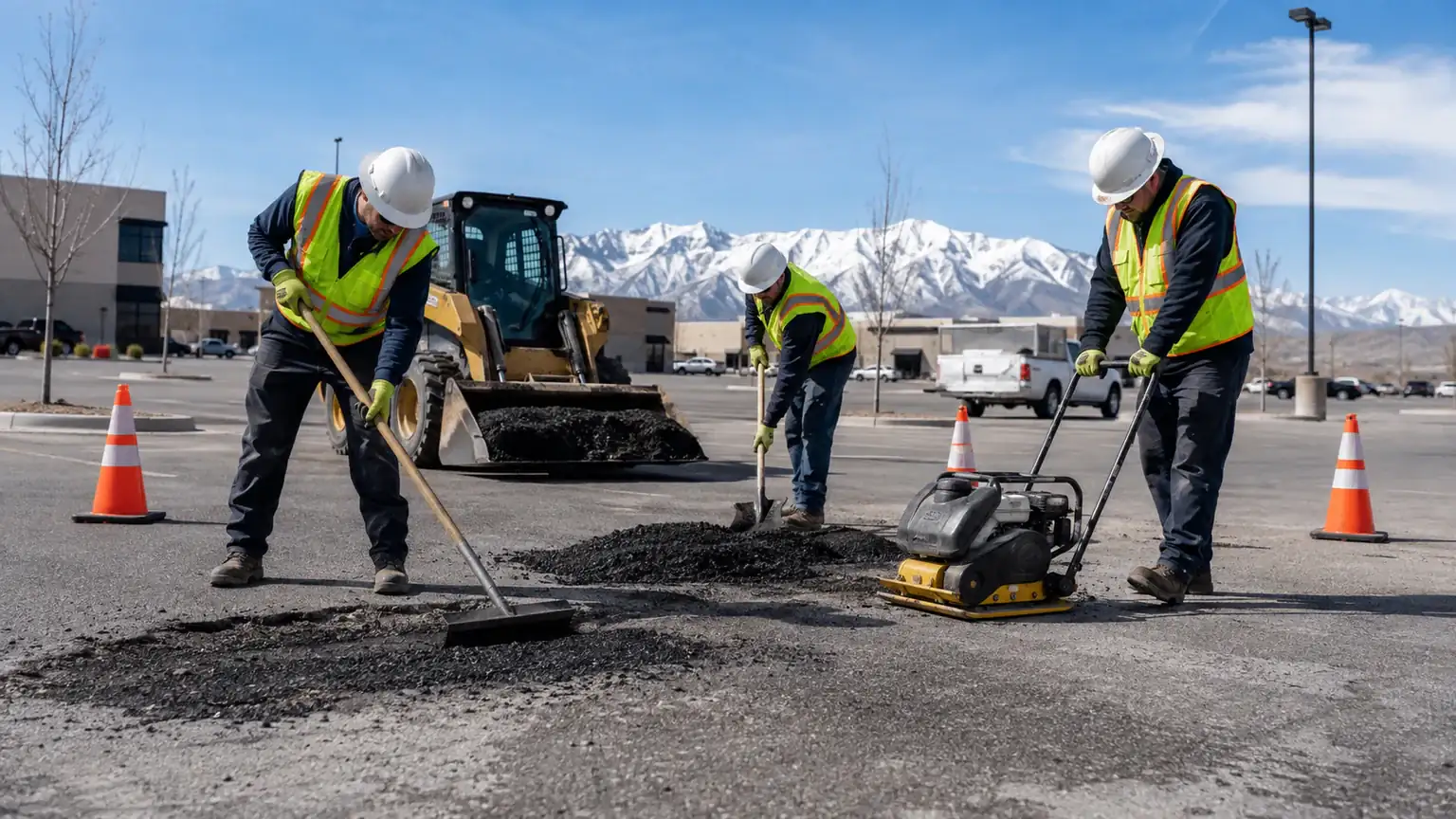 Pothole Repair crew working in a controlled Eagle Mountain, Utah pavement area