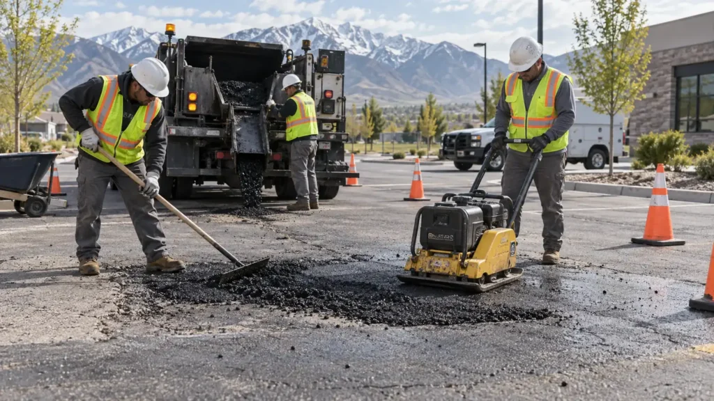Pothole Repair crew working in a controlled Elk Ridge, Utah pavement area