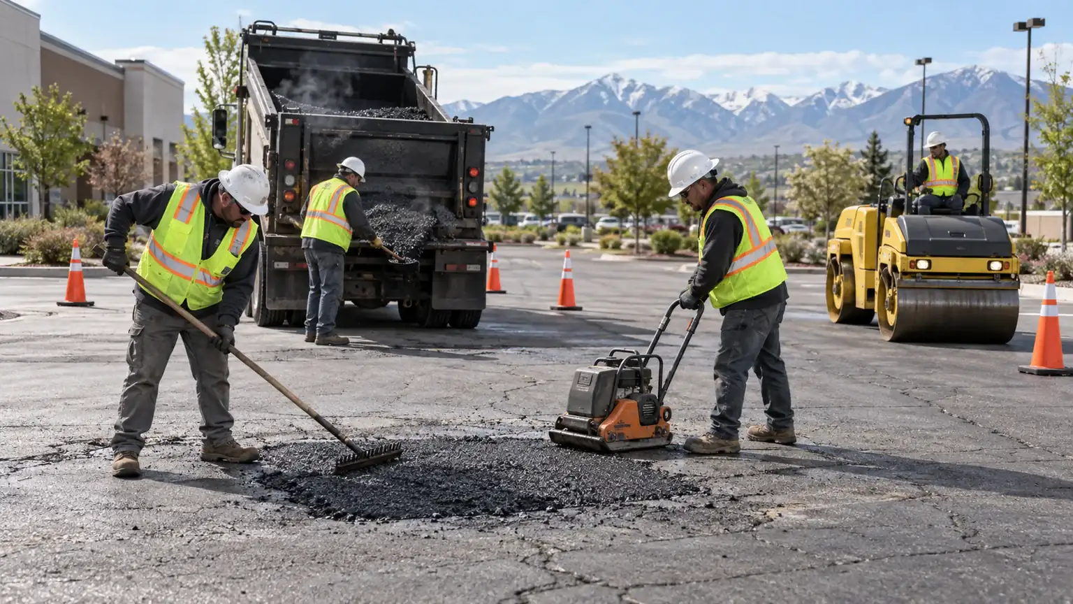 Pothole Repair crew working in a controlled Fairfield, Utah pavement area