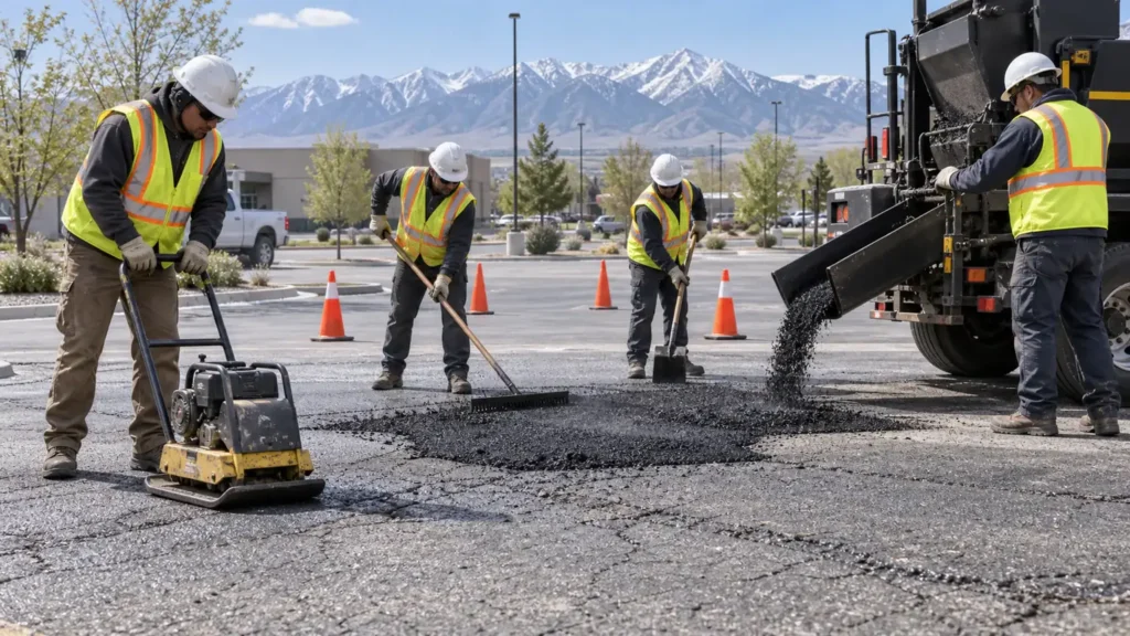 Pothole Repair crew working in a controlled Genola, Utah pavement area