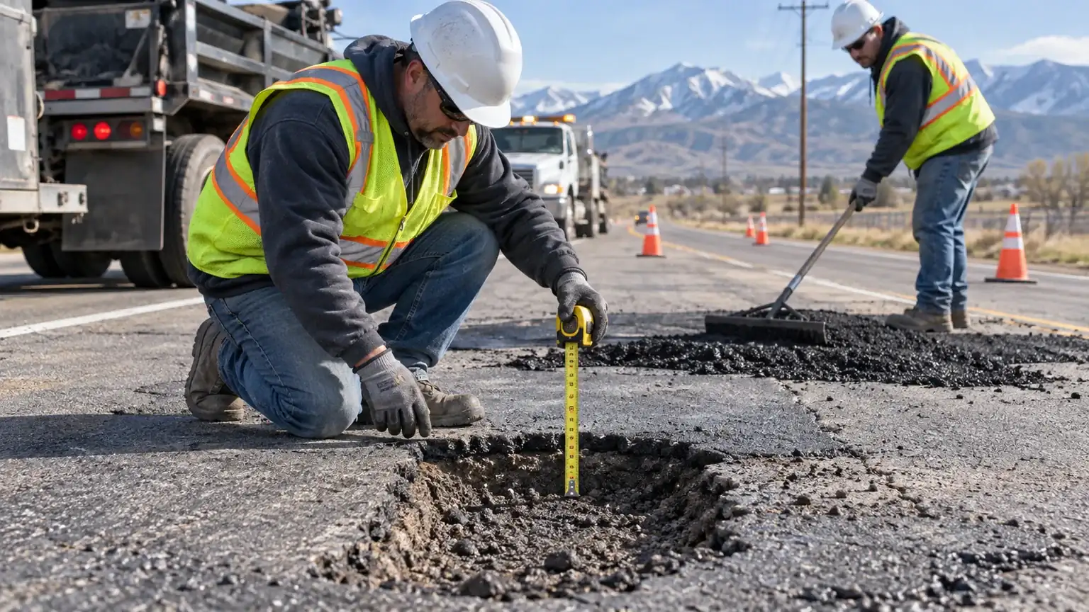 Quality-control step for pothole repair in Genola, Utah