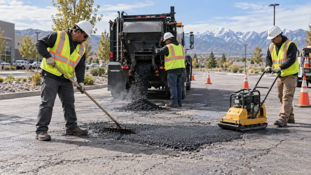 Pothole Repair crew working in a controlled Goshen, Utah pavement area