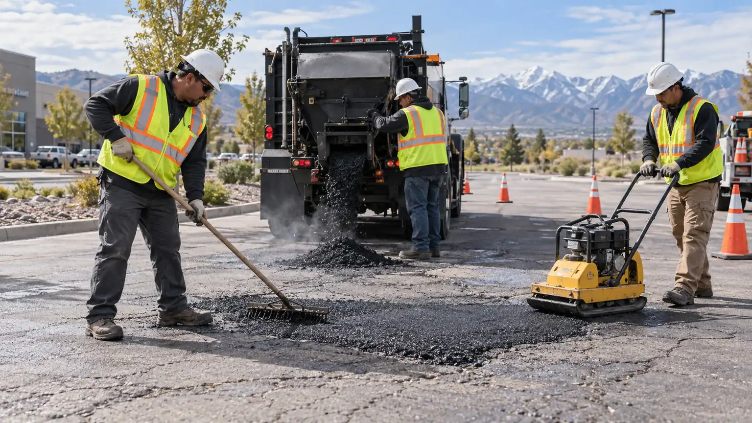 Pothole Repair crew working in a controlled Goshen, Utah pavement area
