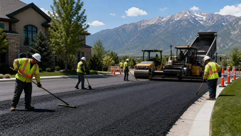 Residential Asphalt Paving crew working in a controlled Alpine, Utah pavement area
