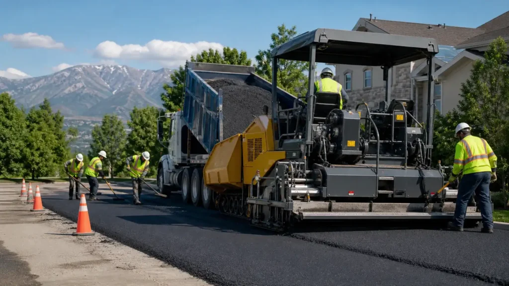 Residential Asphalt Paving crew working in a controlled Cedar Fort, Utah pavement area