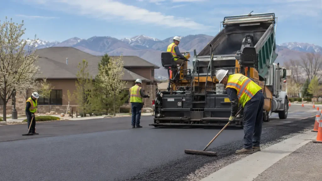Residential Asphalt Paving crew working in a controlled Draper, Utah pavement area