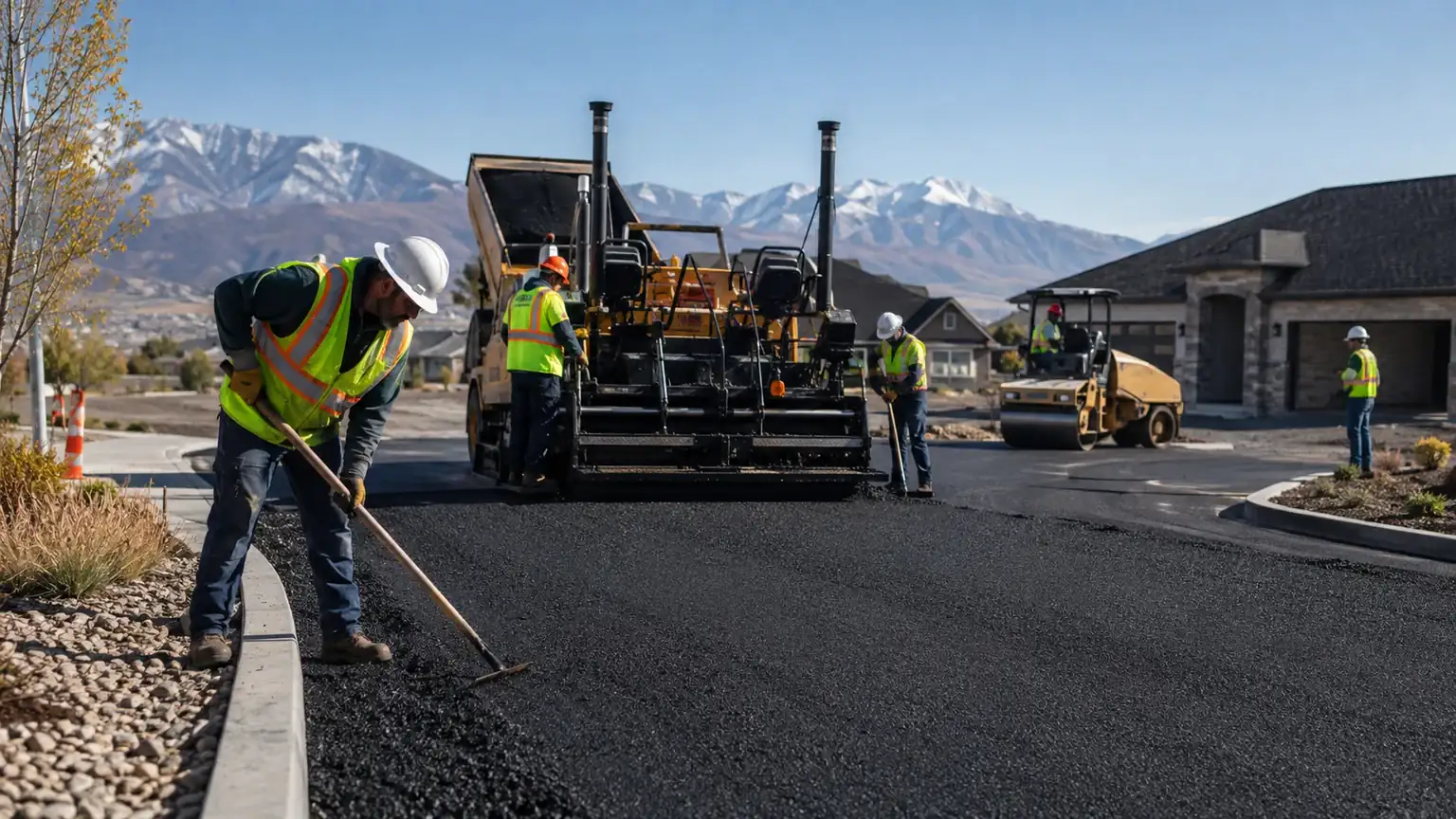 Residential Asphalt Paving crew working in a controlled Eagle Mountain, Utah pavement area