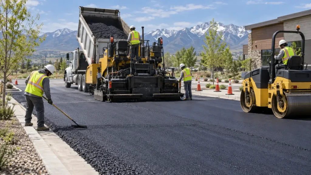 Residential Asphalt Paving crew working in a controlled Fairfield, Utah pavement area
