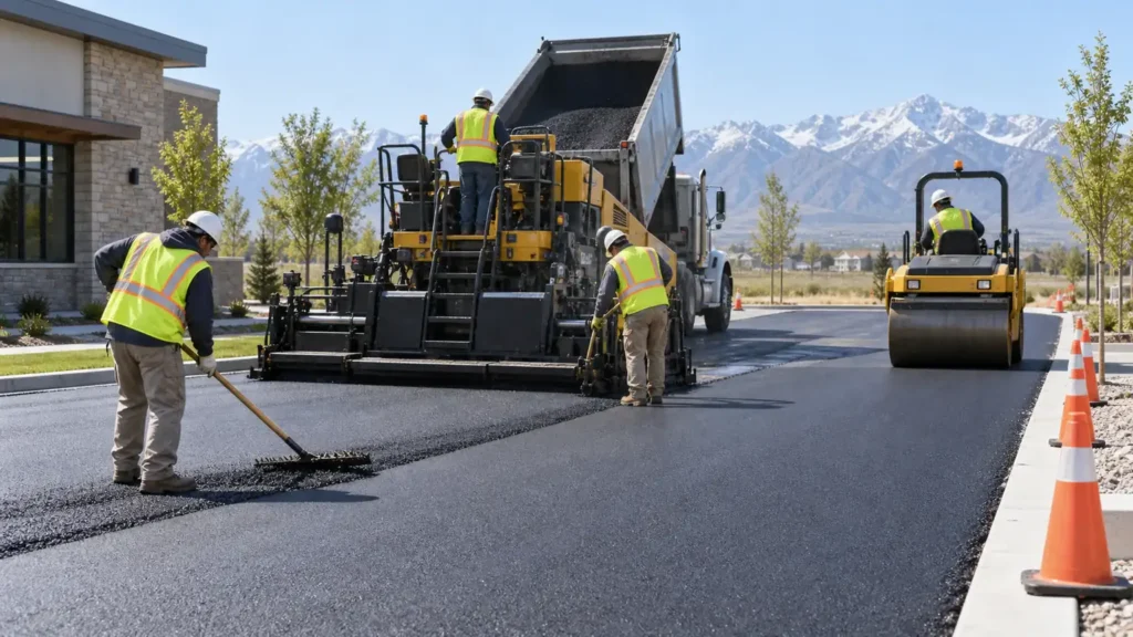 Residential Asphalt Paving crew working in a controlled Genola, Utah pavement area