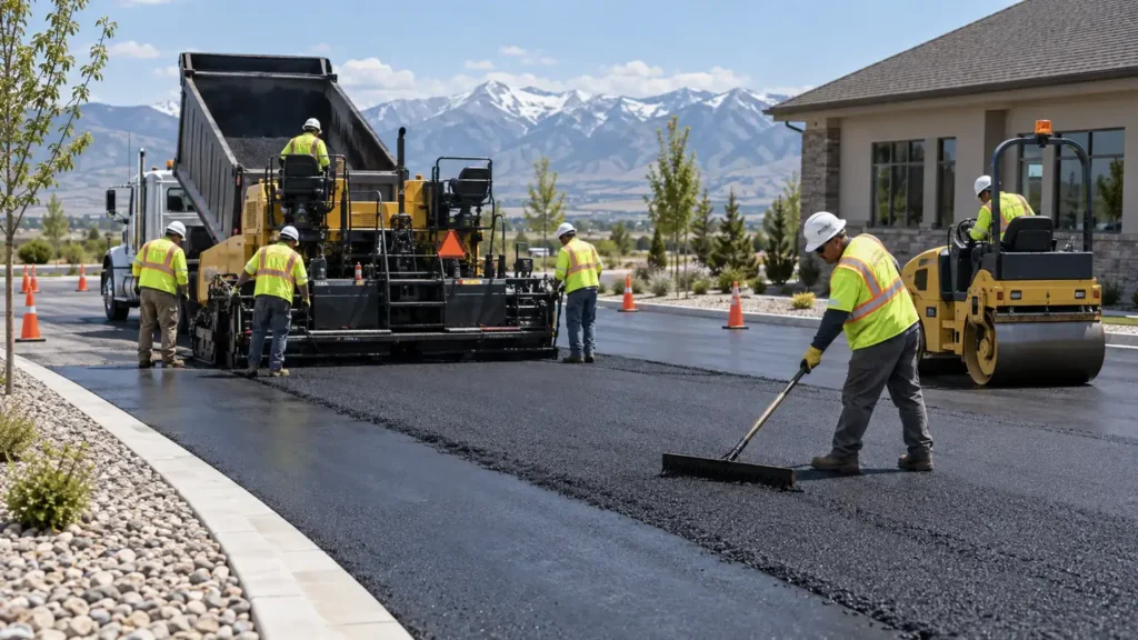 Residential Asphalt Paving crew working in a controlled Goshen, Utah pavement area