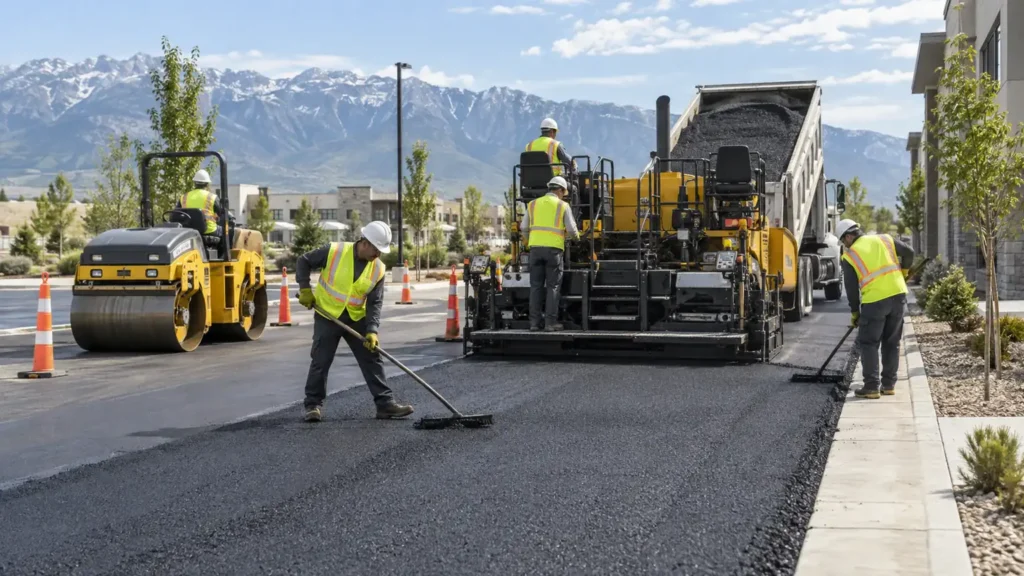 Residential Asphalt Paving crew working in a controlled Highland, Utah pavement area
