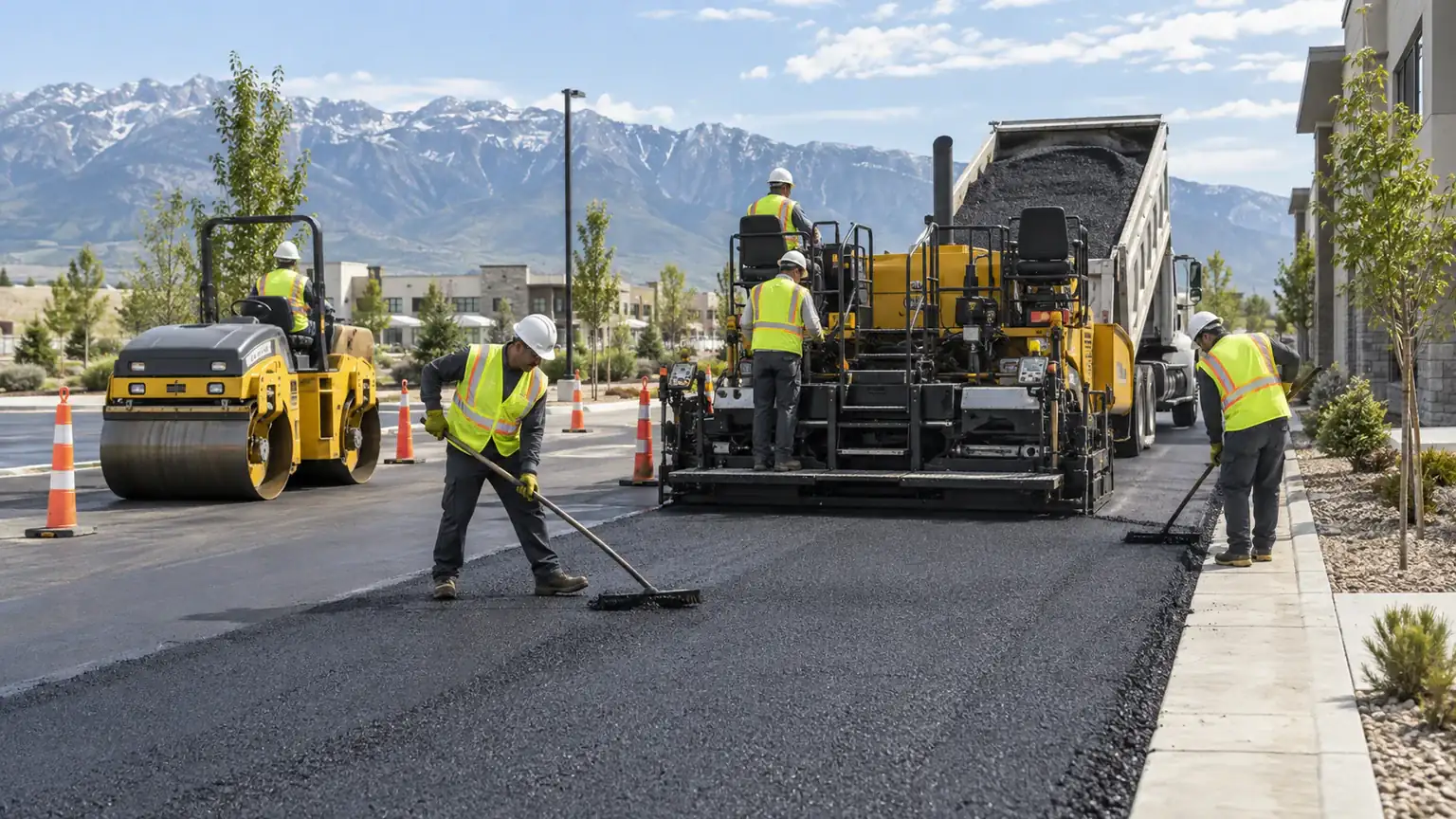 Residential Asphalt Paving crew working in a controlled Highland, Utah pavement area